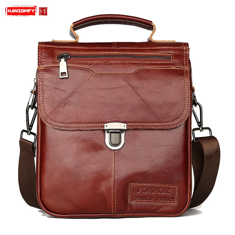 

First layer cowhide men shoulder bag mini male lock handbags oil wax leather crossbody Messenger bags vintgae small flap dision