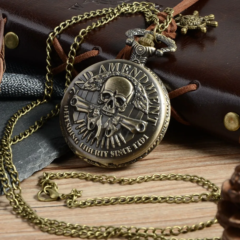 Винтажные бронзовые высокого качества череп двойной пистолет кварцевые карманные часы модный стиль лучший рождественский подарок кулон Стимпанк