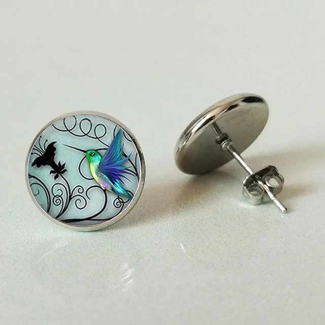 New Blue Hummingbird Stud Orecchino Hummingbird Stud Orecchino Glass Bird Jewelry Art Glass Cabochon Orecchini A Bottone Gioielli Da Sposa