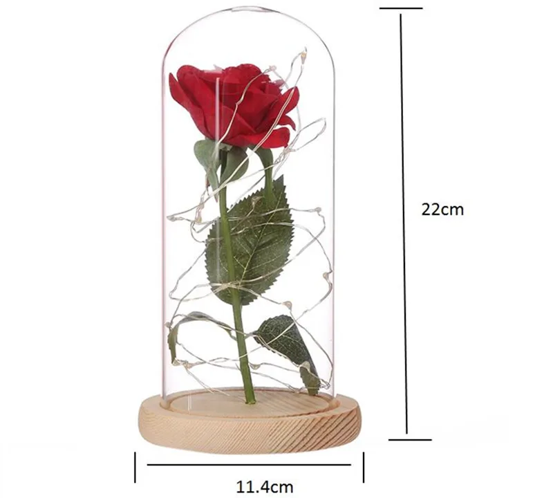 YO CHO Искусственные цветы Шелковая Красная роза в стеклянном куполе на деревянной основе светодиодный лампы с розами подарки на день Святого Валентина поддельные цветы Рождество