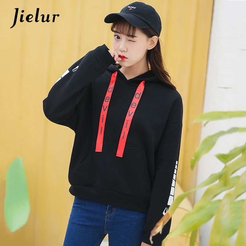 Jielur Весна Новый KPOP свободные Флисовые толстовки для Для женщин Письмо лента с