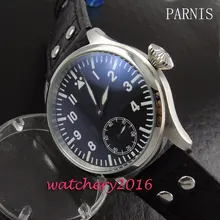 44mm Parnis black dial rivets leather strap steel case 6498 hand winding Movement Men’s Wrist watch
