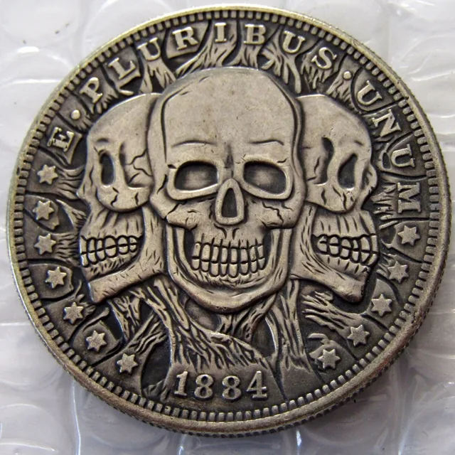 Best Offers HB(09) US 1884 Morgan Dollar Three Heads Skull Zombie Skeleton Hand Carved Silver Plated Copy Coins