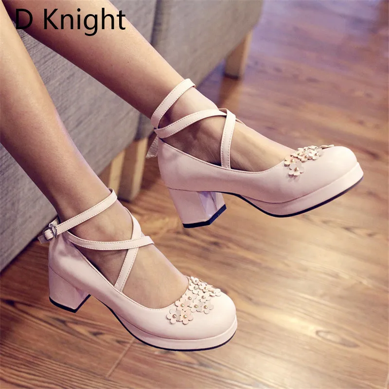 Lolita Shoes Women Pumps Round Toe Cross Straps Bow Cute Girls Princess Tea Party Shoes High Heels Student Lovely Shoes Size 48  (15)