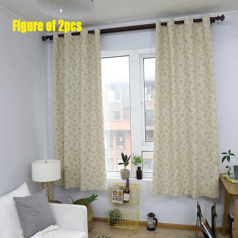 

New 1PC Pastoral Floral Tree Semi-shading Linen Curtain Drilling For Living Room Kids Bedroom Window Decoration Grey Blue/Beige