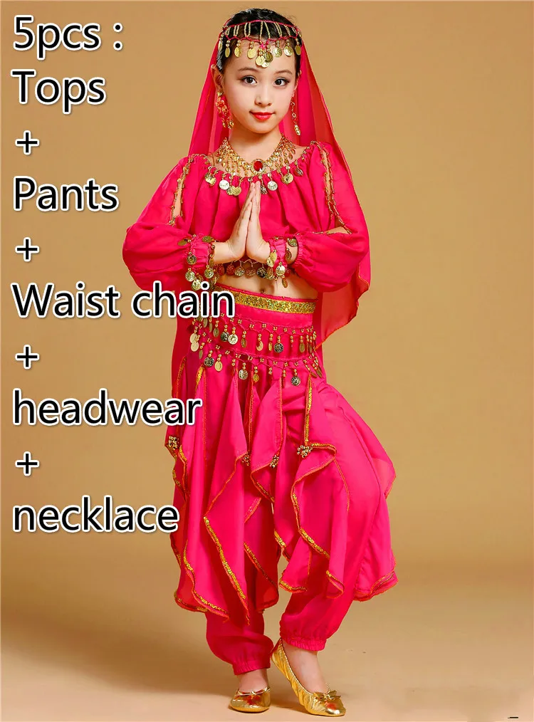 Новая детская одежда для индийских танцев платье для выступлений танец живота Национальный Болливуд танцевальные костюмы для девочек Одежда для танца живота комплект одежды - Цвет: 5pcs rose red