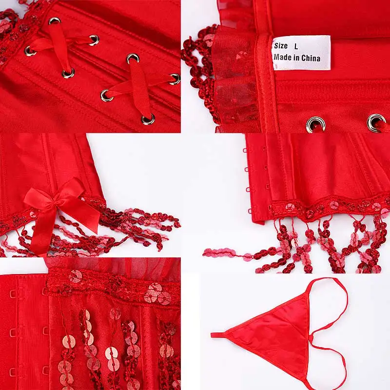Красный корсет с кисточками, сексуальный женский утягивающий Сатиновые корсеты, декорированный блестками,, рекламный корсет