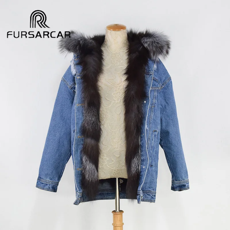 FURSARCAR Winter 2018 Real Fur Coat Women With Natural Silver Fox Fur Inside Hood And Lining Fashion Luxury Jean Jacket
