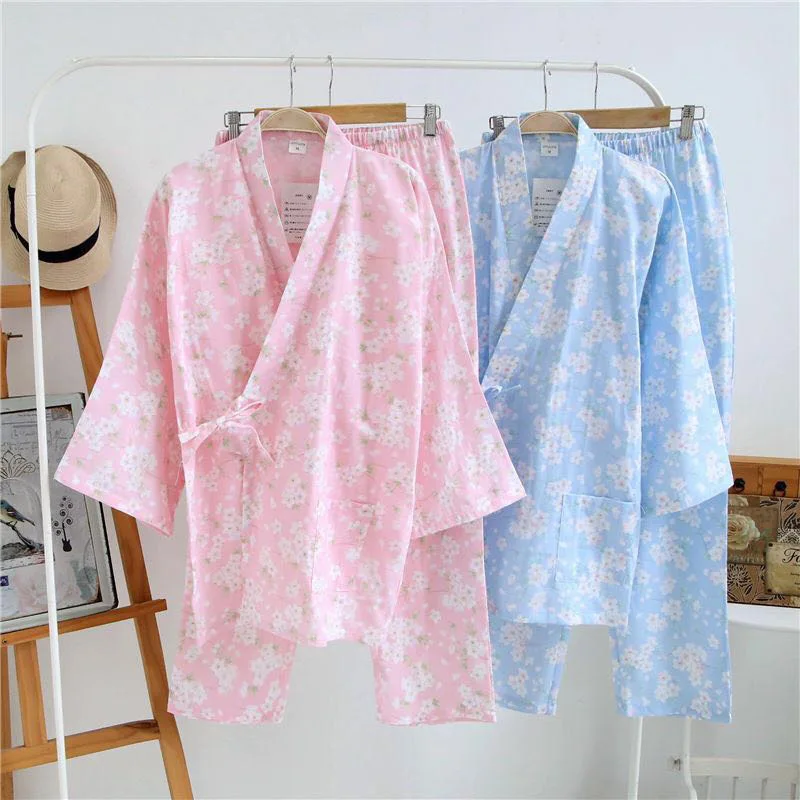 Spring Kimono Pajamas Suit V necked Cherry Blossom Pure Cotton Double