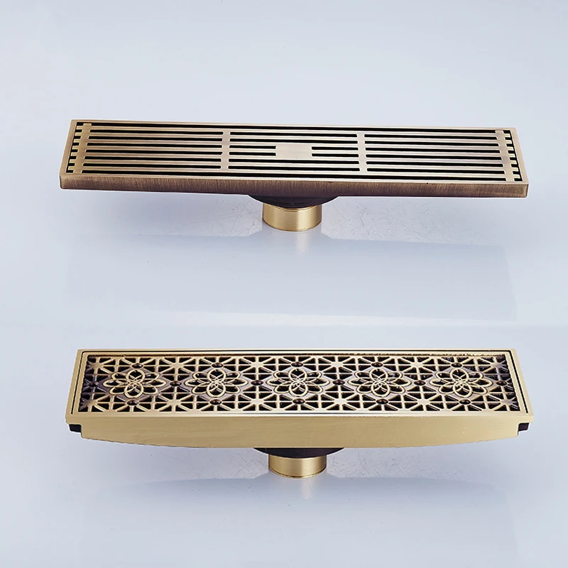  30cmx8cm Rectangle Brass Antique Brushed Carvd Drain Bathroom Drain Kitchen Shower Room Porch Waste - 32988088159