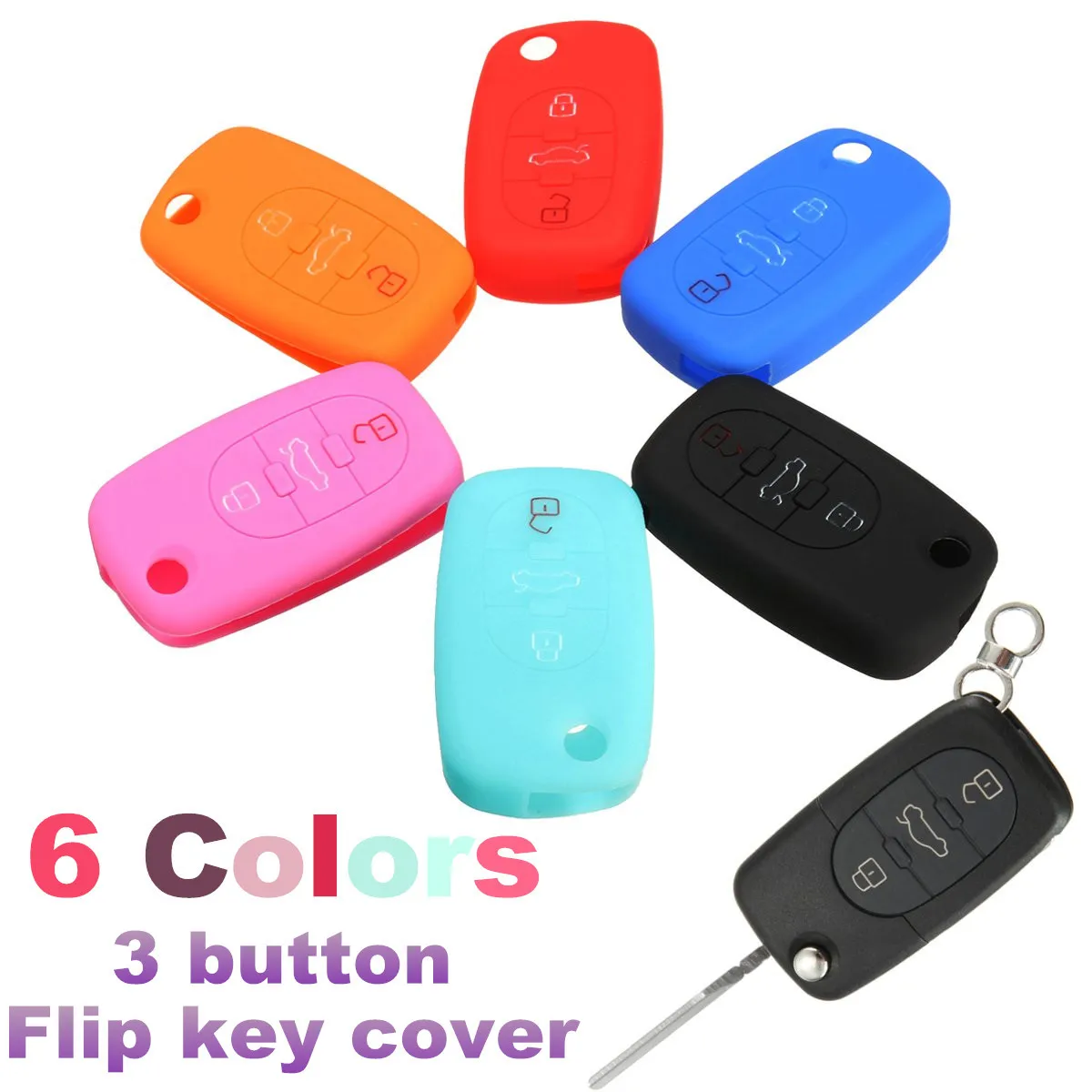 

Silicone 3 Button Flip Remote Key Fob Case Cover For Audi A2 A3 A4 A6 A8 Black Red Pink Blue Night Glow Blue Orange
