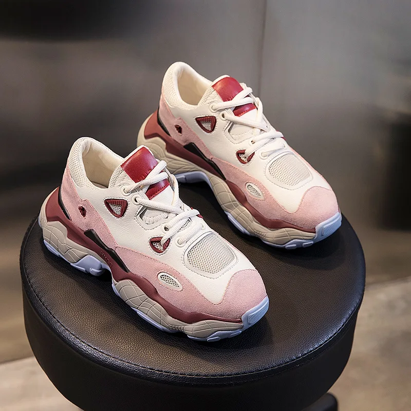 

Genuine Leather Shoes Women Suede Chunky Sneakers Female Shoes Girl New Thick Platform Cowhide Sneaker Lace-up Mesh Shoes