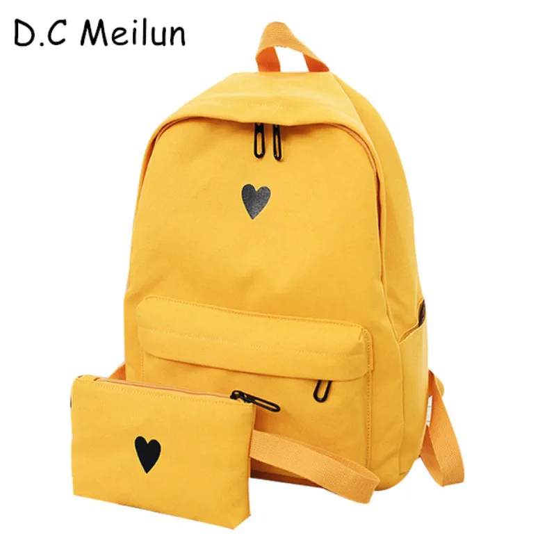 

High Quality Canvas Backpack Printed Heart Yellow Backpack Korean Style Students Travel Bag Girls School Bag Laptop Backpack