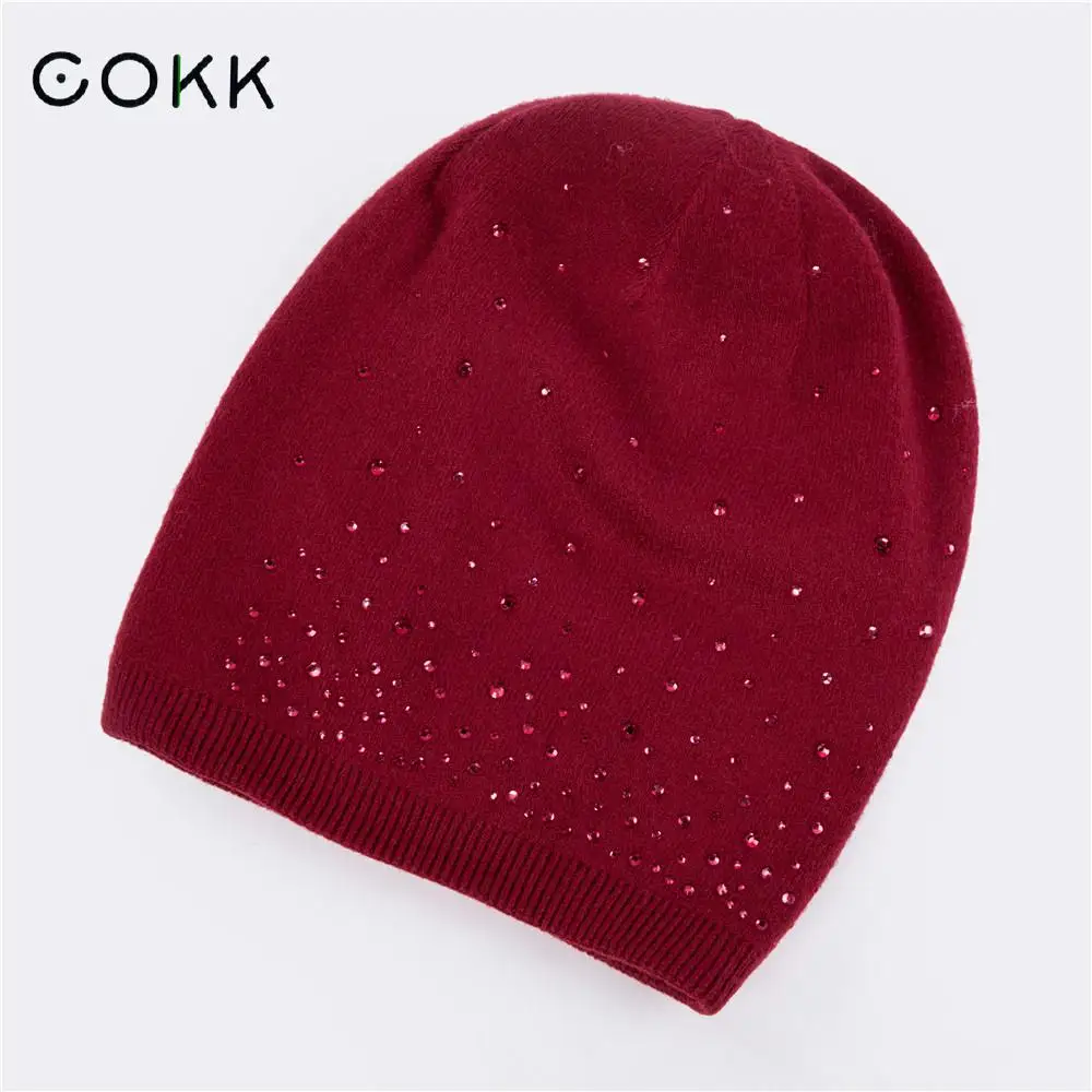 

COKK Winter Women's Hat Female Knitted Wool Beanie Rhinestone Bonnet Skullies Beanies Outdoor Ski Cap Thick Warm Hats for Women