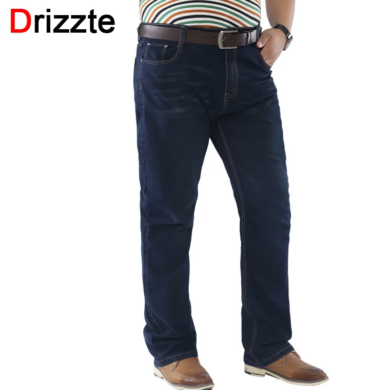 Drizzte Mens Dark Blue Stretch Denim Plus Size 32 to 48 Jeans Business Jean Straight Trousers