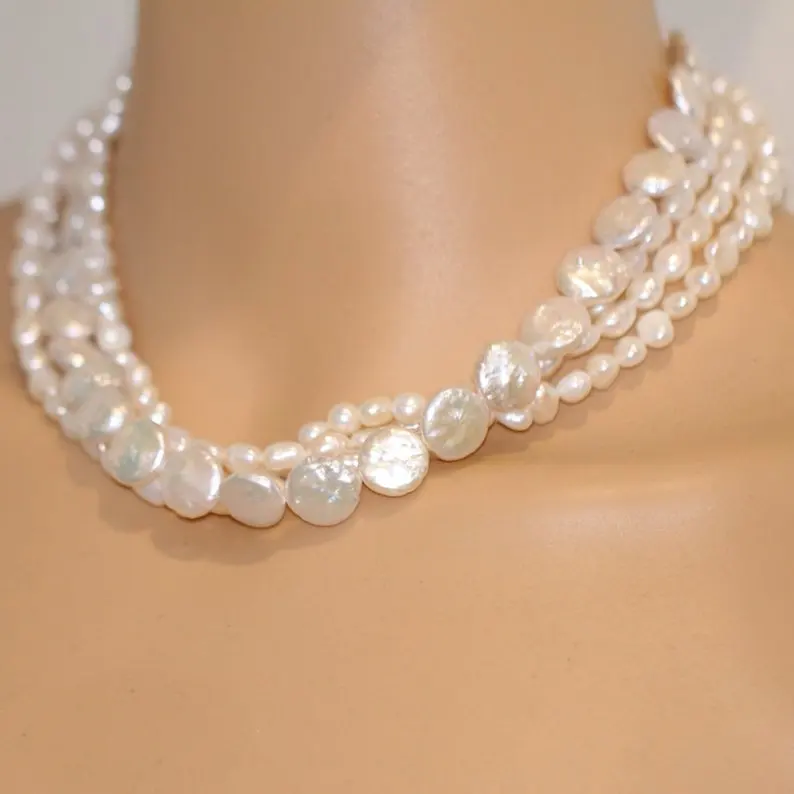 White Color Natural Freshwater Pearl Necklace 4rows Mixes Irregular Wedding Bridal Bridesmaid Gift Jewelry | Украшения и