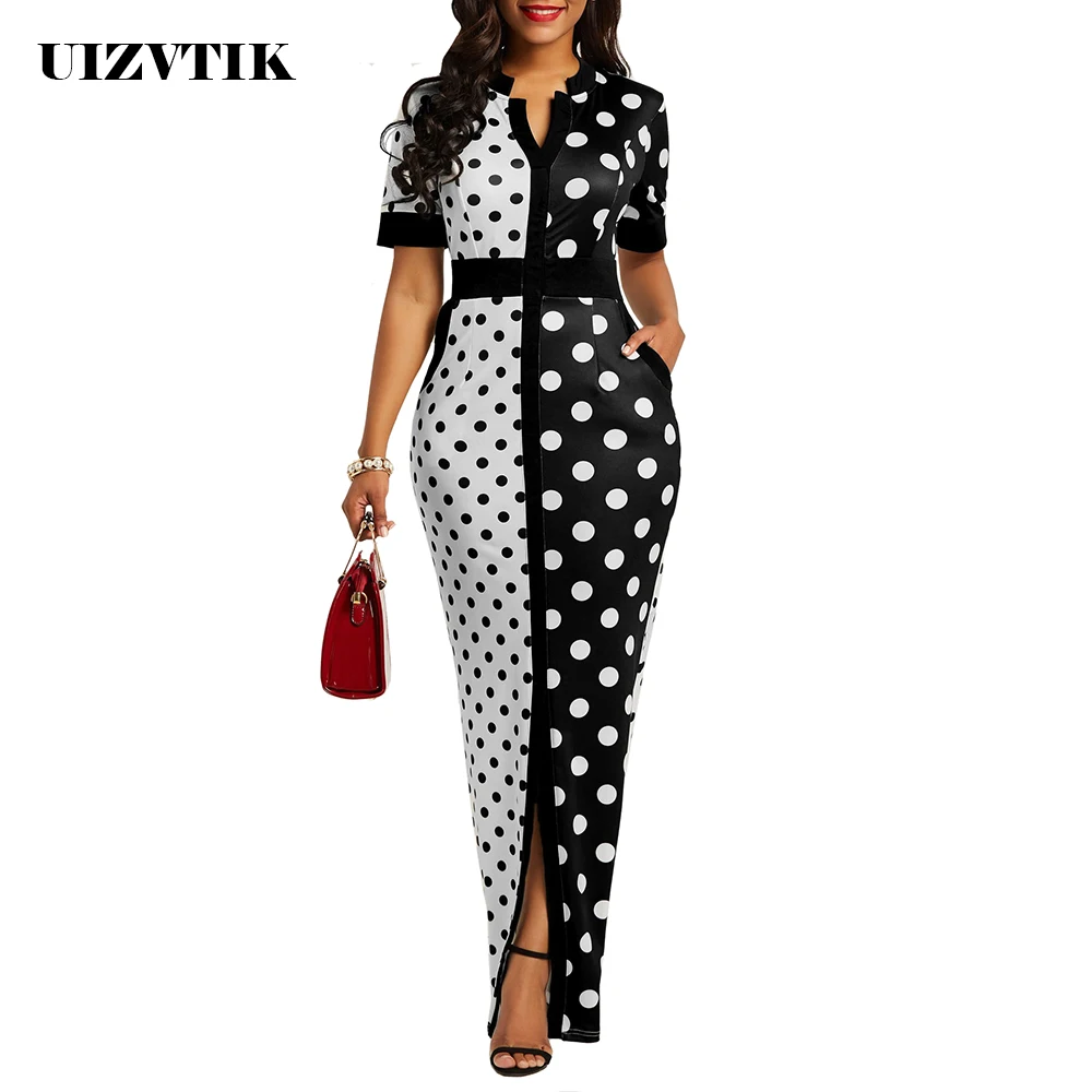 

Black White Dot Summer Dress Women 2019 Elegant Sexy V Neck Split Long Party Dress Casual Slim Patchwork Maxi Dresses Pocket 2XL