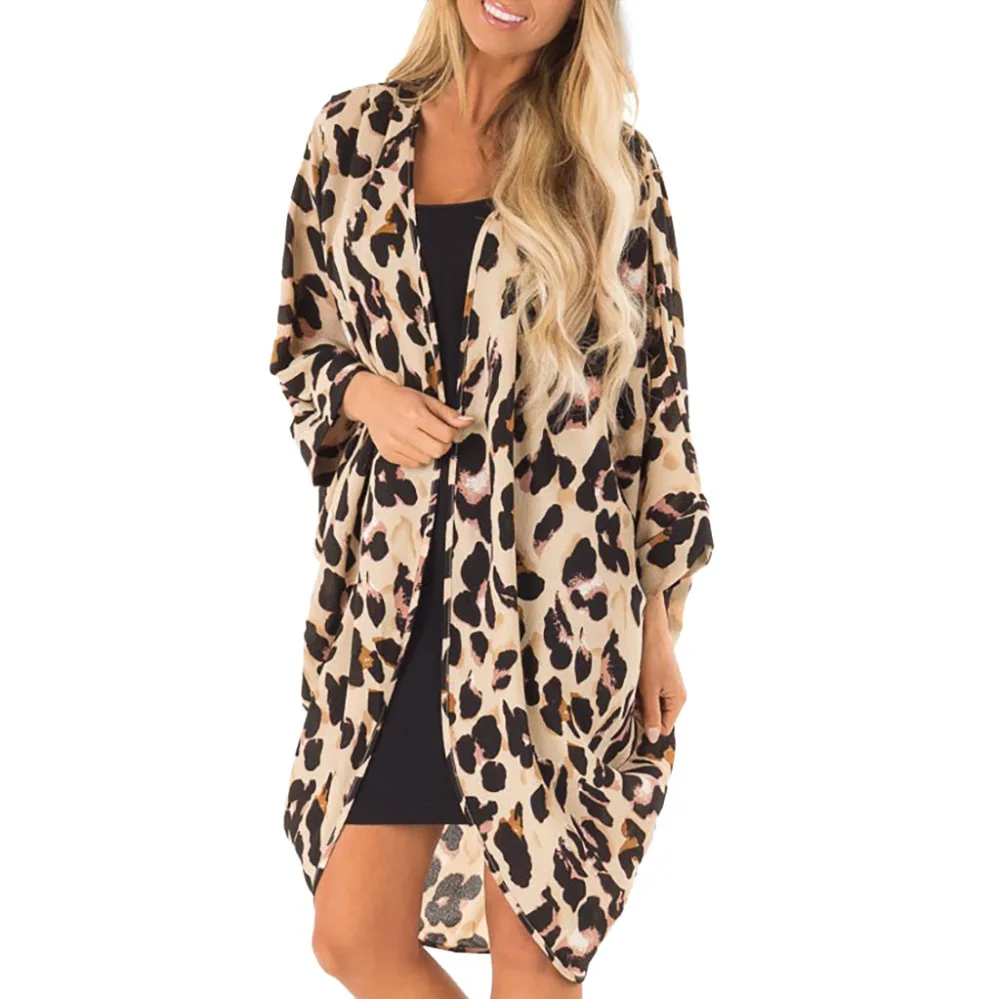 Leopard Long Cardigan Women 34 Sleeve Chiffon Kimono Cardigan Beach Swimsuit Smock Cardigan Plus Size Camisa Feminina 40MR05 (8)