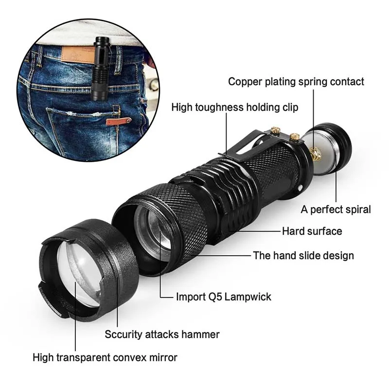 Adjustable Mini LED Flashlight Torch Zoom Focus Torch Lamp Penlight Waterproof 3 Modes Use AA/14500 battery For Camping running