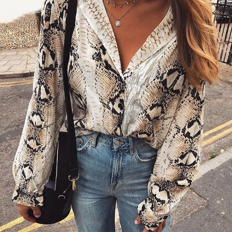 

Women Leopard/Snake Skin Printed Blouse Spring Autumn Long Sleeve Lapel Blouse Button Down Casual Loose Tops Stylish Shirt