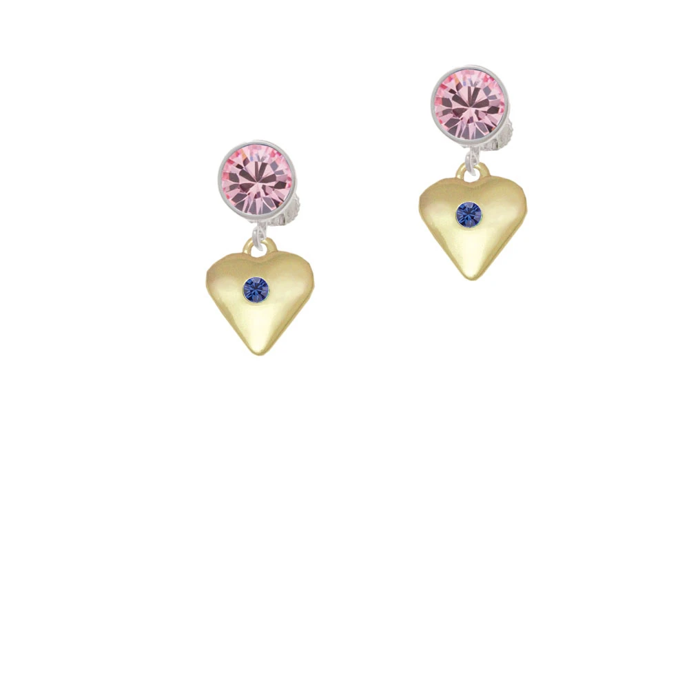 Large September - Blue Crystal Gold Tone Heart Crystal Clip On Earrings (3)