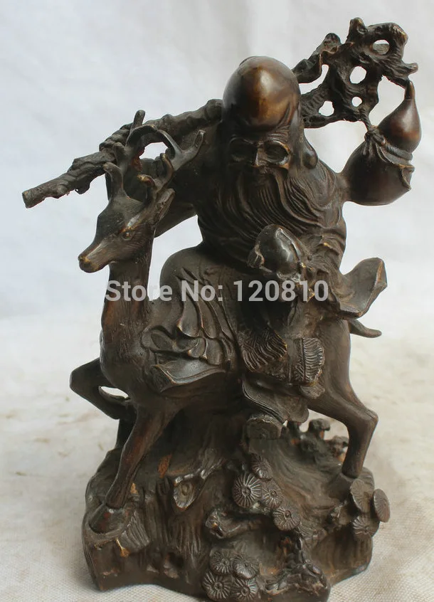 

8" Chinese Bronze FengShui Folk Shou god of longevity ride deer calabash Statue