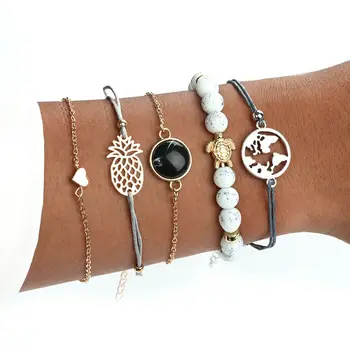 

Fashion 5pcs Pineapple Bracelet wristband lady Beads Bracelet Turtle Heart Map Bracelets Set Boho Tibetan jewelry