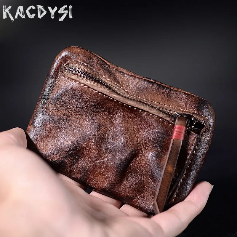 

Genuine Leather Mini Unisex Coin Purse Men's Vintage Vegetable Tanned Cowhide Slim Zipper Small Wallets Cards Holder Coin Pocket