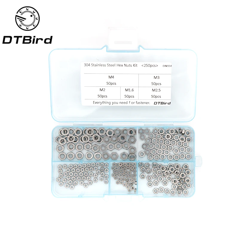 

250Pcs/set DIN934 M1.6 M2 M2.5 M3 M4 Carbon Steel Hex Nut Assortment Kit Hexagon Nuts Metric Thread Assortment Kit HW010