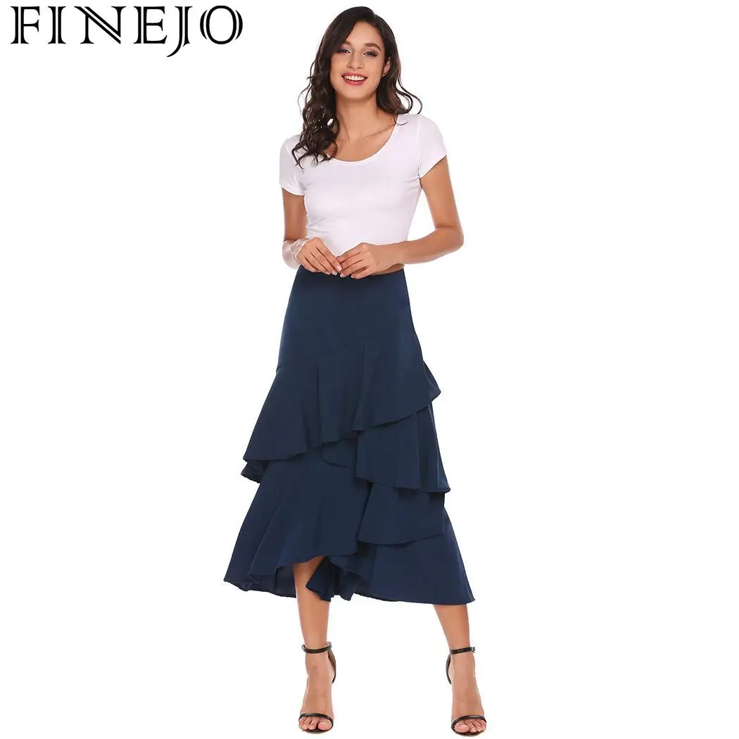 FINEJO Casual Skirts Women Autumn Hem Ruffles Asymmetrical Solid Sexy Party Club Fashion Pleated