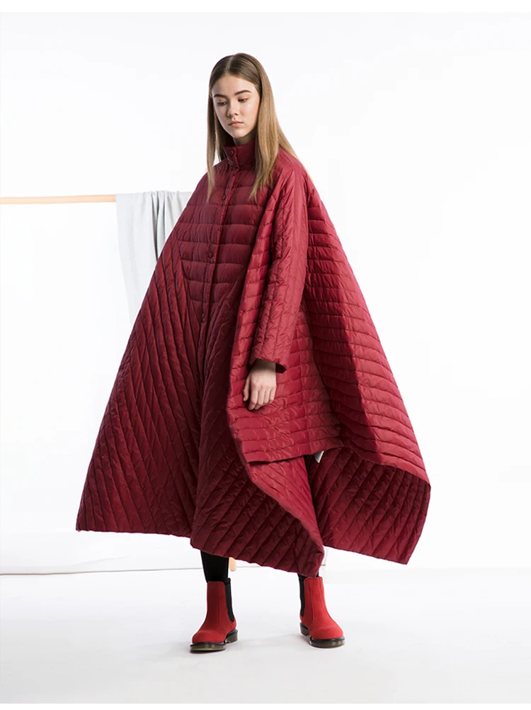 IRINAY021, дизайн, Женское зимнее пальто, асимметричный длинный пуховик на белом утином пуху, темно-красный