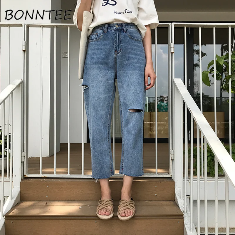 Джинсы женские летние простые прямые брюки с дырками женские шикарные карманы универсальные корейский стиль студенческие повседневные