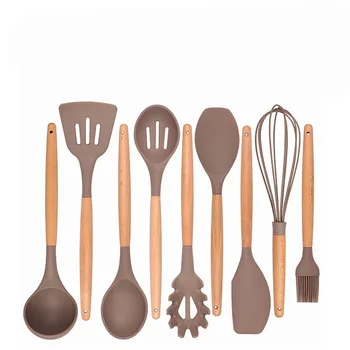 

9 Pieces of Silicone Handle with Wooden Handle Nonstick Kitchen Utensils Set Cooking Shovel Spoon Tool Kitchen Utensils Cooking