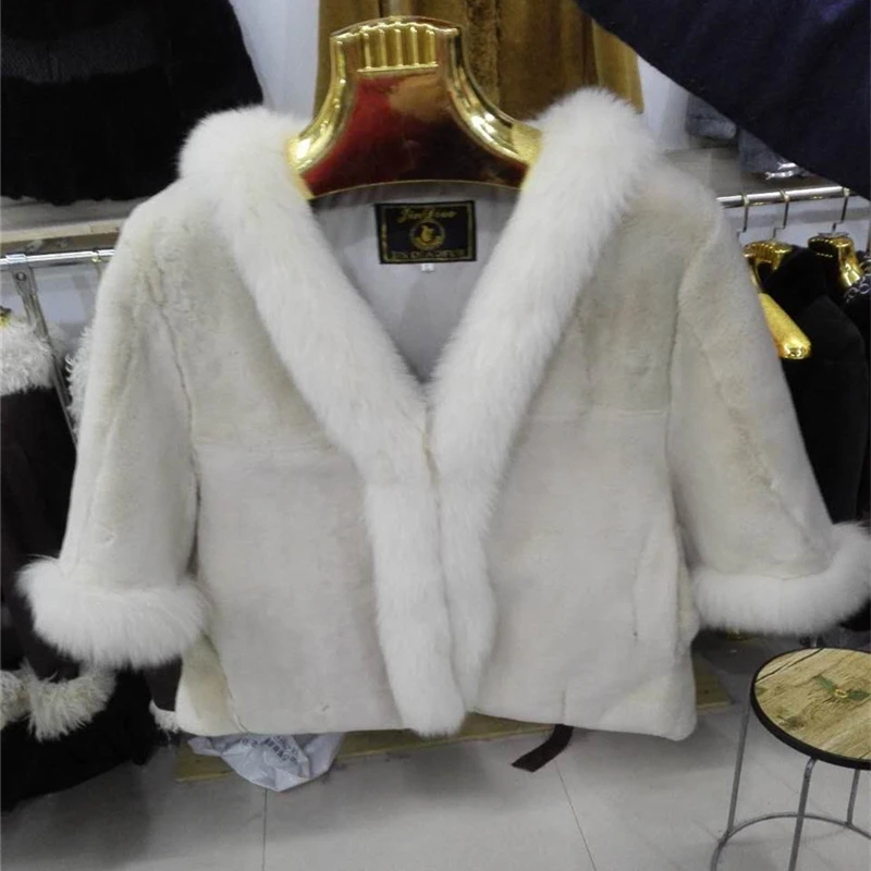 Fourrure Court Rex De Black Manteau Col Raton La noir Renard Lapin And Patchwork Entière Décontractée Mode Laveur Peau Hiver En Avec white Paragraphe Beige OrOq4FwE