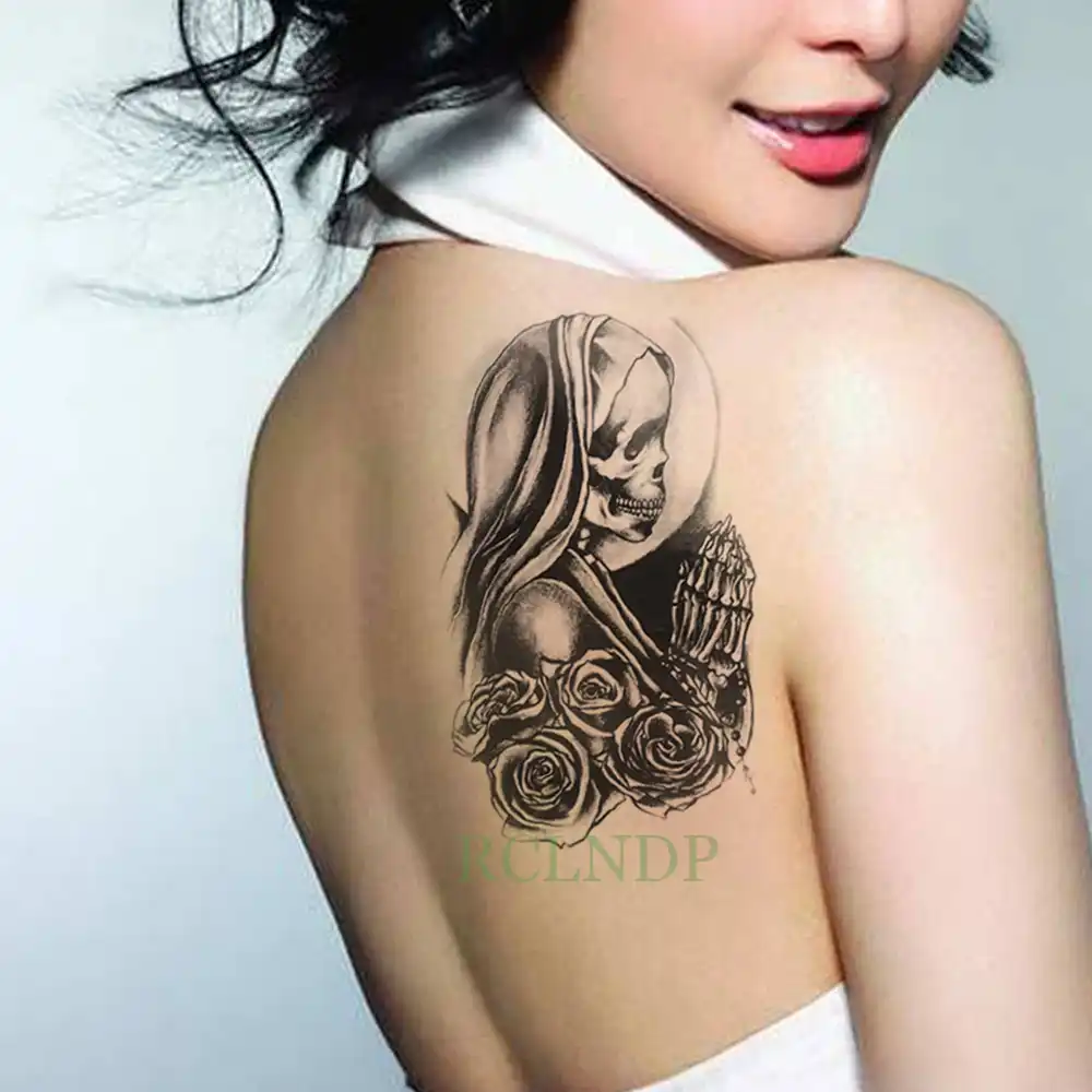 Tatuaje De Calavera Temporal A Prueba De Agua Cabeza Rosa Flor Tatuaje Flash Tatuajes Falsos Brazo Pecho Pierna De Gran Tamano Para Chica Mujer Hombre Tatuajes Temporales Aliexpress