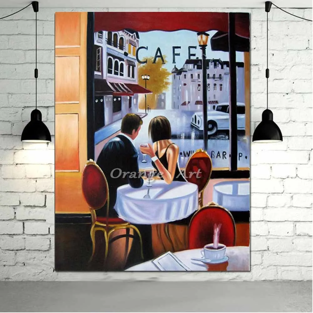 

Hand Painted Abstract Figure Painting Couples in Cafe Oil Painting On Canvas Wall Picture Living Room Bedroom Home Wall Decor