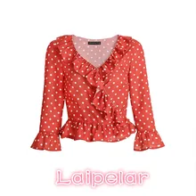 2018 Sexy crop top ruffle long sleeve chiffon shirt Summer womens tops and blouses boho white dot or floral print women blouses dot print ruffle crop top