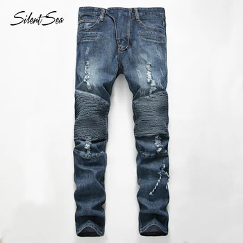 

Silentsea New Biker Jeans Men Autumn Casual Washed Cotton Fold Skinny Ripped Jeans Hip Hop Elasticity Slim Denim Jeans Pants