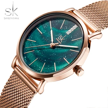 

Shengke Luxury Women Watches Romantic Starry Blue Dial Mesh Stainless Steel Strap Ultra-thin Case Quartz Wristwatch Reloj Mujer