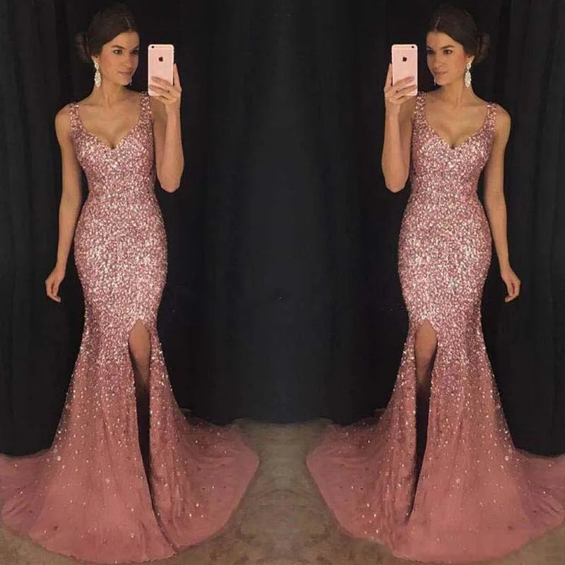 

Gothic Mermaid Pink Bride Dress New Summer Spaghetti Strap Deep V Neck Bodycon Slim Long Party Dress Elegant Shining Women Dress