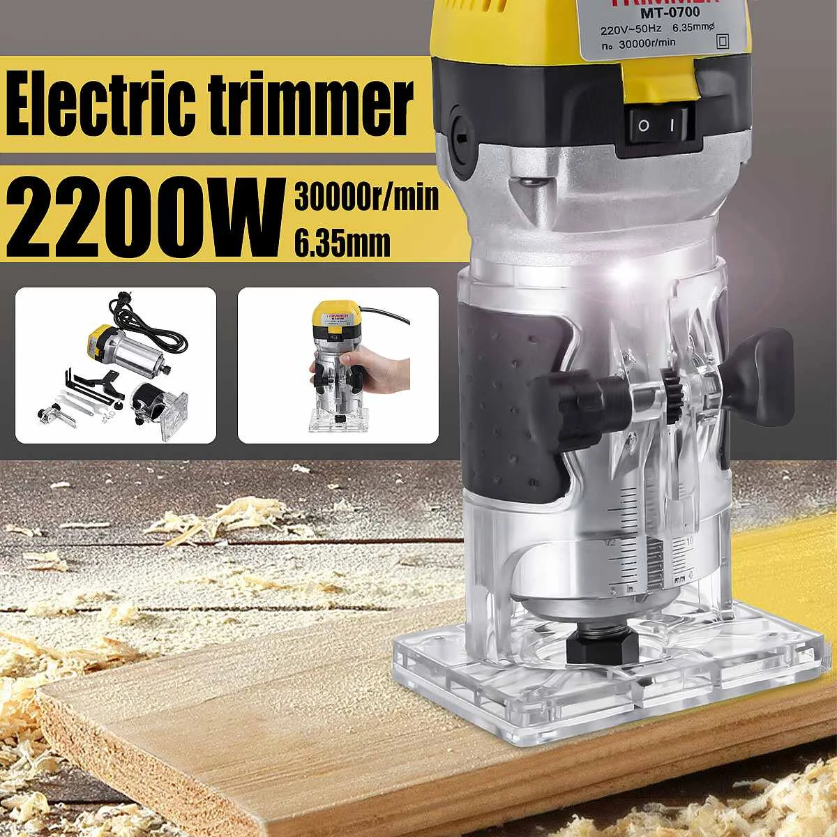 

2200W 220V Electric Hand Trimmer Wood Router 6.35mm Woodworking Laminator Carpentry Trimming Cutting Carving Machine Power Tool