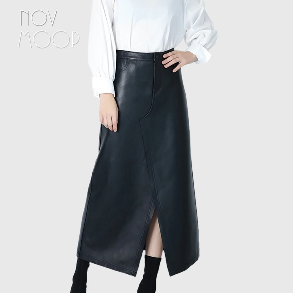 

Novmoop 2019 new style lady slim split sheepskin genuine leather long skirt with pocket falda larga de cuero genuino LT2775