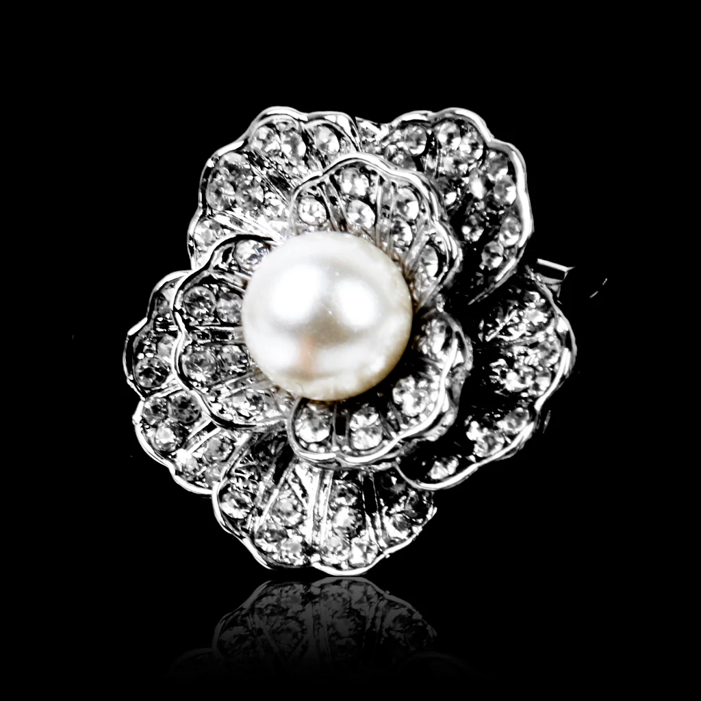 Crystal Rhinestone Silver Solid Flower Faux Pearl Brooch Pin Wedding