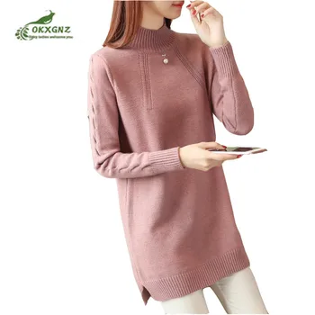 

2020 autumn winter medium long knit pullover sweater solid color female thick top ladies loose long sleeve bottoming shirt women