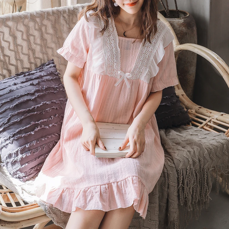 

Princess sweet lolita nightgowns Japanese summer thin pure cotton jacquard nightgown short sleeve sweet cotton nightgowns QQ0164