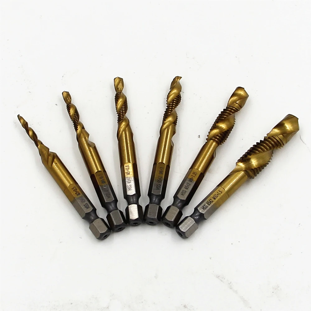 

FGHGF 6PCS HSS Drill Bit Metric Right Hand Screw Thread Tap Taper Drilling Tools High Speed Steel Titanium Coated Cutter
