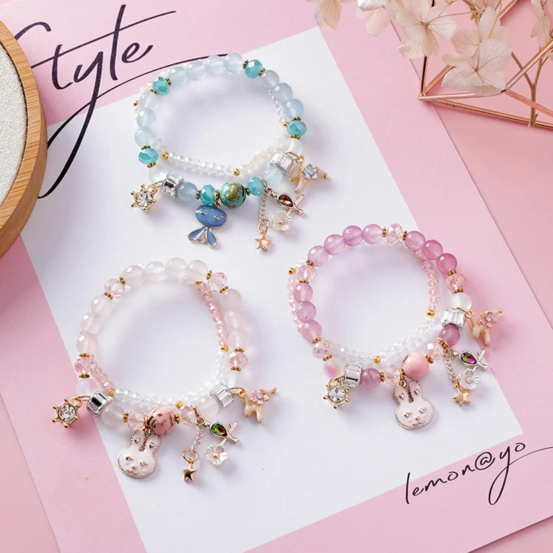

Korean Fashion Pink Purple Blue Crystal Bead Bracelets Bangles For Women Lady's Cute Sweet Rabbit Star Rhinestone Charm Bracelet