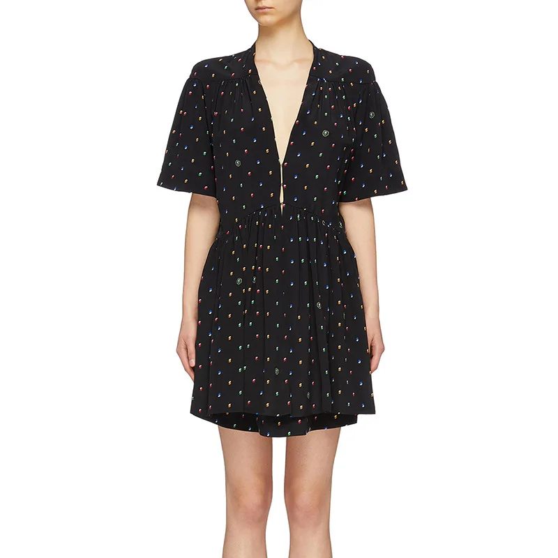 

COLORFUL DOT PRINT 2 IN 1 MINI DRESS V-NECK SHORT SLEEVEED PLEATED DRESS WOMAN