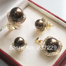 Precio venta al por mayor envío gratis ^ ^ ^ ^ hermosa concha de Chocolate perla oro amarillo joyería set