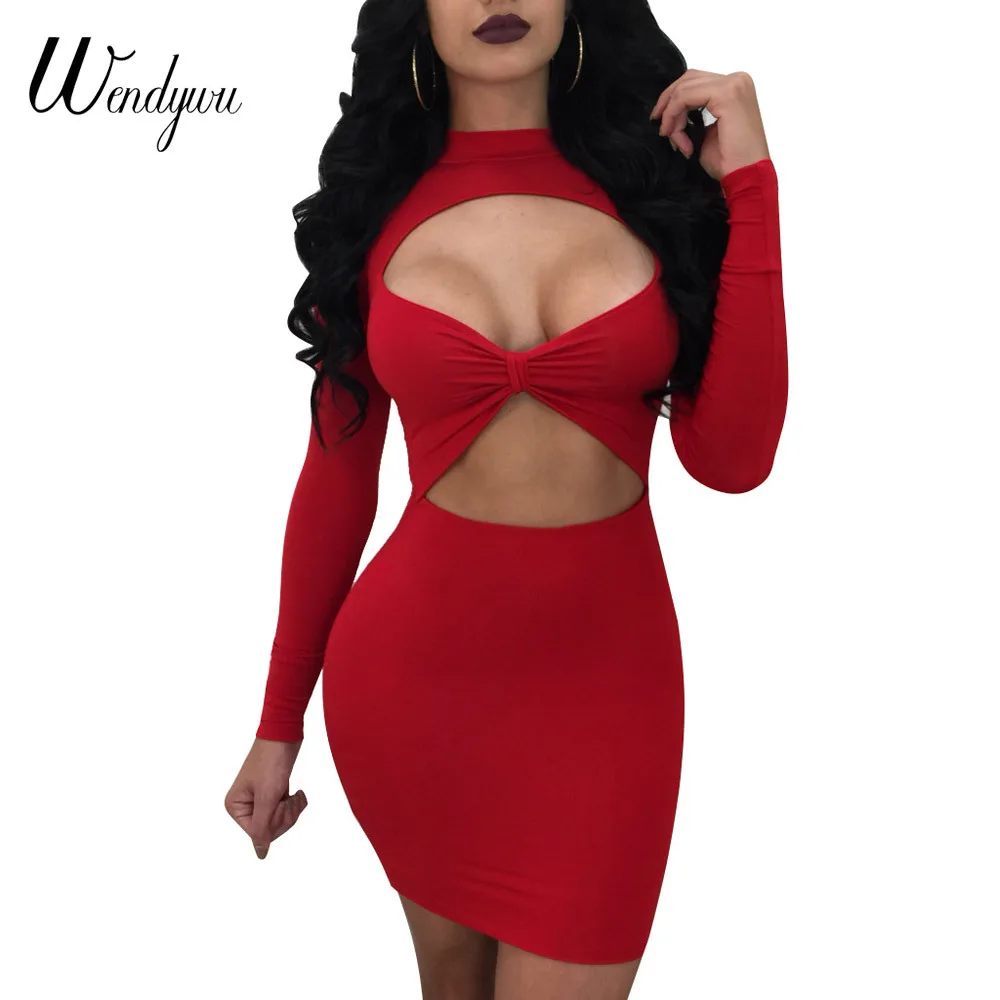 

Wendywu Free Shipping New Spring 2017 Sexy Cleavage Long Sleeve Solid Red Bodycon Mini Dress